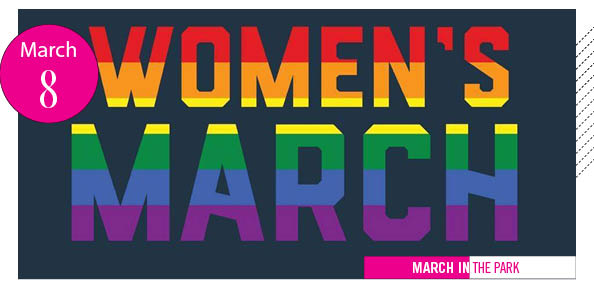 Women's March in block rainbow letters